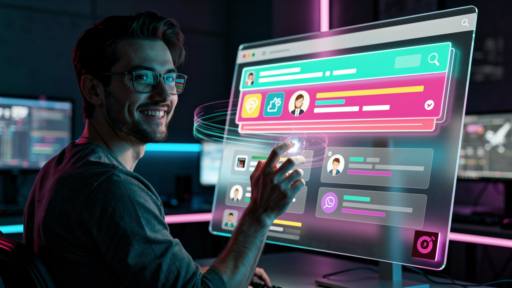 Conteúdo Zero-Click: Domine o SEO com IA Generativa — Um usuário sorrindo enquanto interage com uma interface futurista que mostra a página de resultados do Google (SERP) com um destaque proeminente p