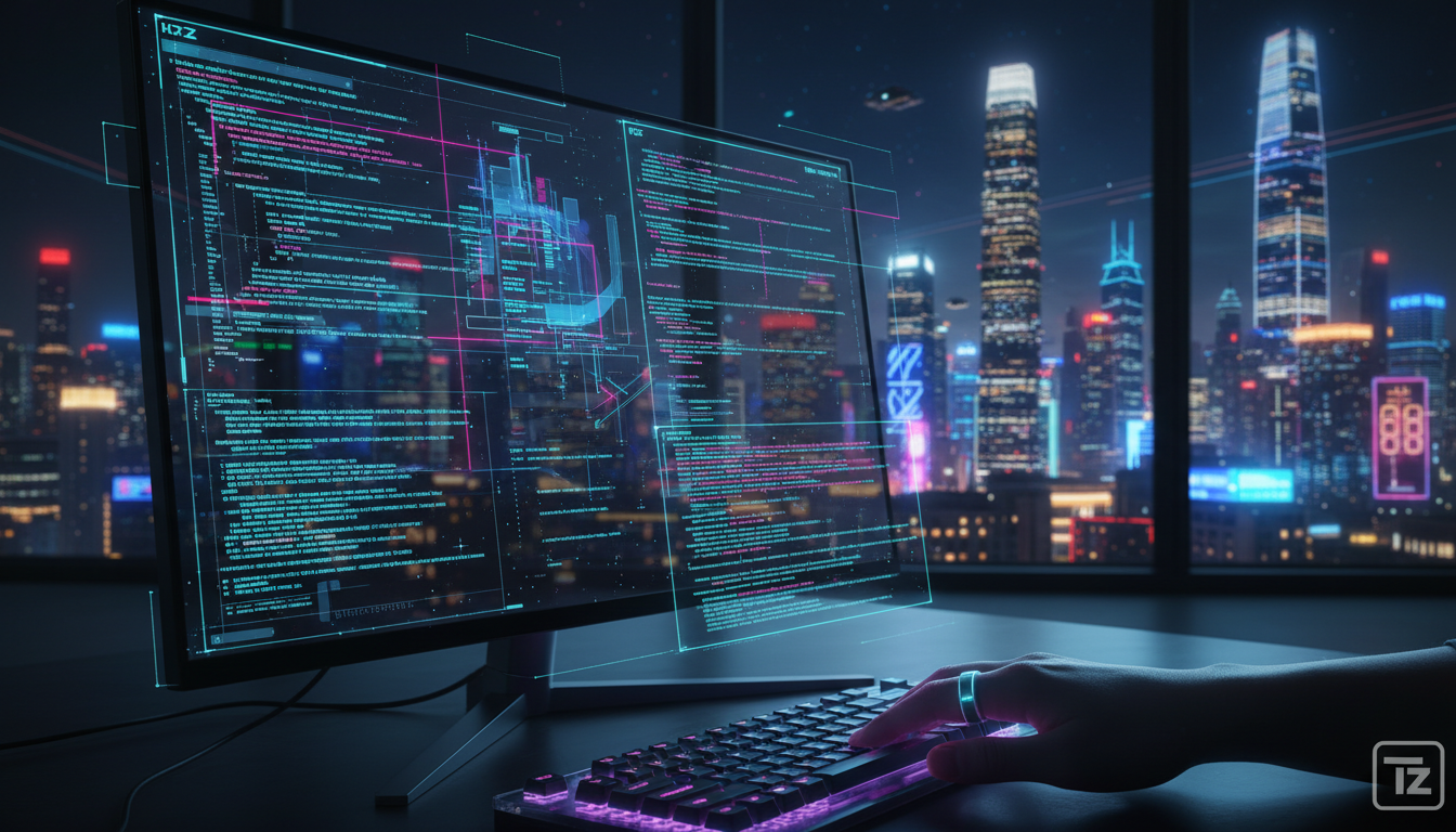 Corrida da IA: Cidades Chinesas Investem em Agentes Inteligentes — Um close-up de uma tela de computador mostrando uma interface de programação complexa para um agente de IA. As linhas de código são e