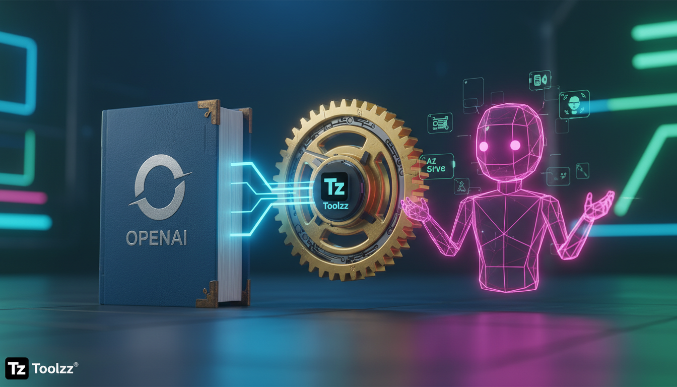 Crie Agentes de IA Poderosos a Partir de Especificações OpenAPI — Um diagrama visual que representa a transformação de uma especificação OpenAPI (ilustrada como um livro azul com o logo OpenAPI) atrav