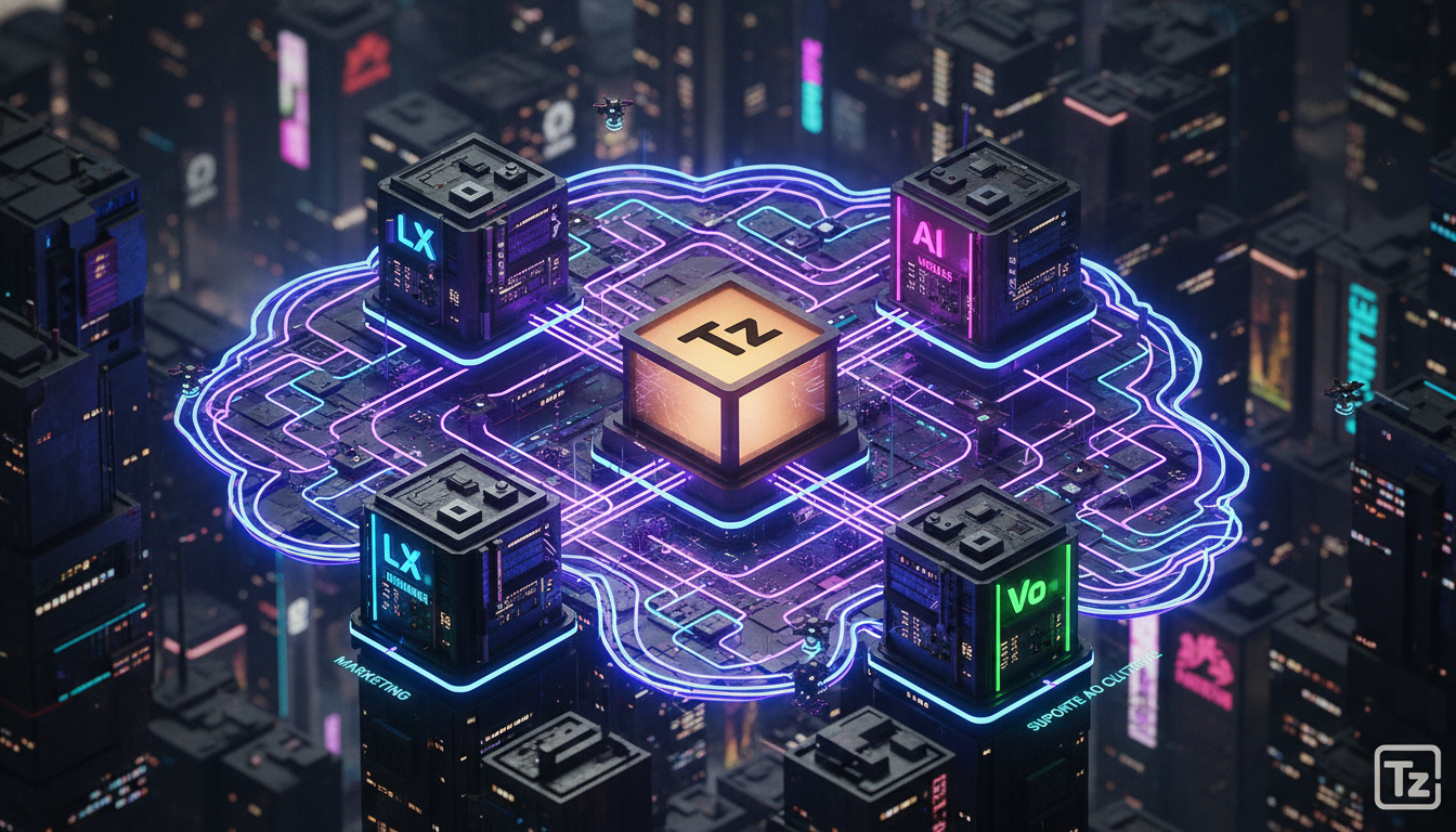 Crie Agentes de IA Poderosos com Neo4j Aura Agent — Visualização isométrica de um grafo de conhecimento em constante expansão, com nós representando diferentes áreas de uma empresa (marketing, vendas,