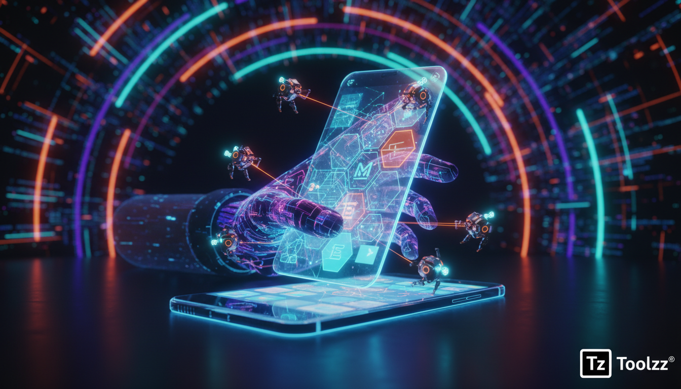 Crie Apps Mobile com IA: A Fábrica de Aplicativos EtnaMute — Uma mão estilizada emergindo de um smartphone, segurando um modelo 3D de um aplicativo mobile. O modelo do aplicativo está sendo construído