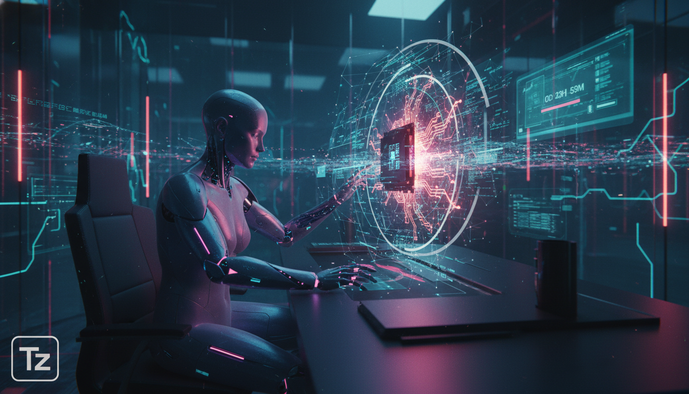 Crie um Modelo de Embedding Específico em Menos de Um Dia — Create a high-end editorial illustration in a modern flat + gradient vector style.  STYLE: Clean, geometric, semi-abstract human figures wit