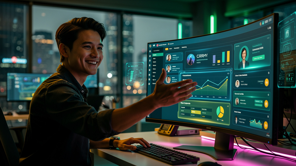 CRM Agentico: A Revolução da IA na Gestão de Clientes — Um agente de vendas sorrindo e gesticulando em frente a um monitor que exibe um dashboard do CRM Agentico. O dashboard mostra gráficos de desemp