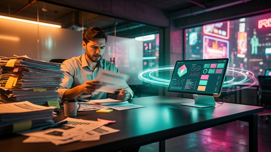 CRM com Agente de IA: Maximize seu Pipeline e Dados de Clientes — Uma ilustração mostrando um agente de vendas cercado por pilhas de papel e planilhas desorganizadas, enquanto um agente de IA da Toolz