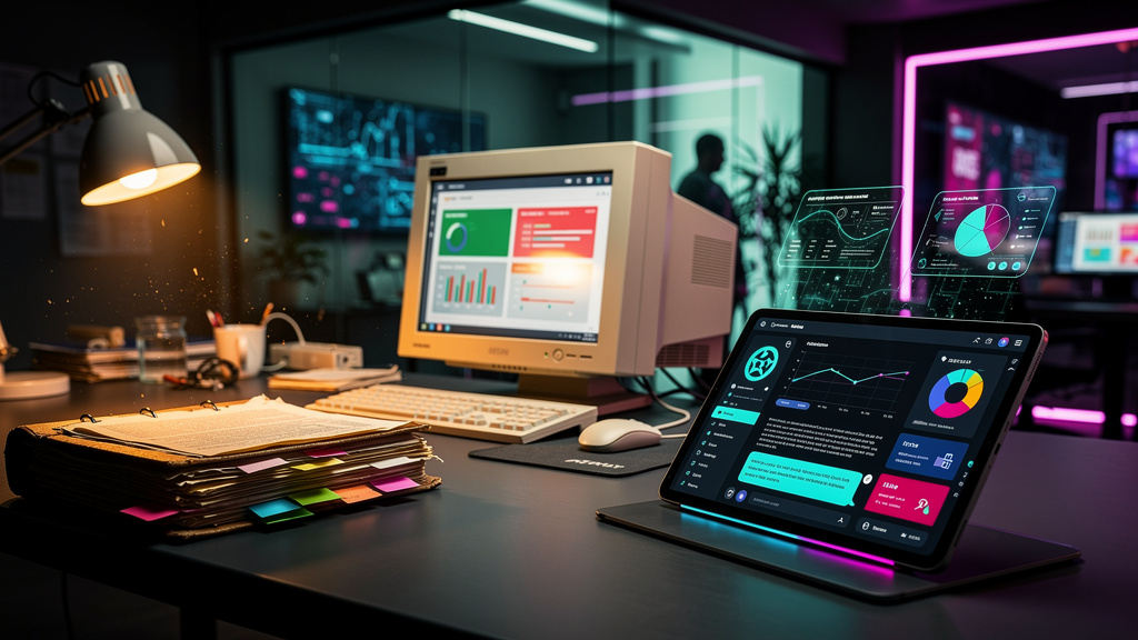 CRM com Chatbot Inteligente: O Futuro da Gestão de Clientes — Uma linha do tempo visual que mostra a evolução do CRM. No início, um fichário empoeirado representando o CRM tradicional. No meio, um com