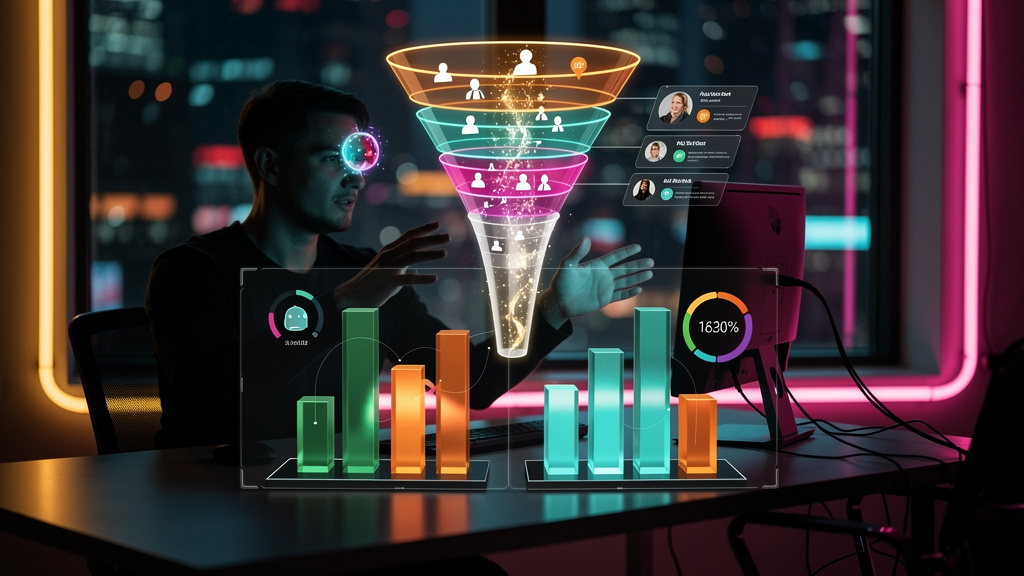 CRM com Chatbot Inteligente: O Futuro da Gestão de Clientes com IA — Um diagrama infográfico dividido em duas partes. Parte superior: Um funil de vendas visualmente atraente mostrando a jornada do cli