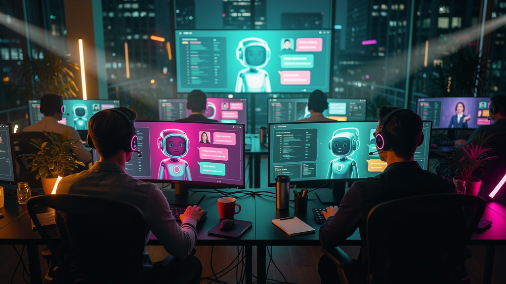 CRM com Chatbot Inteligente: O Futuro do Relacionamento com o Cliente — Um escritório movimentado com atendentes usando headsets, enquanto um chatbot (representado por uma animação amigável) responde