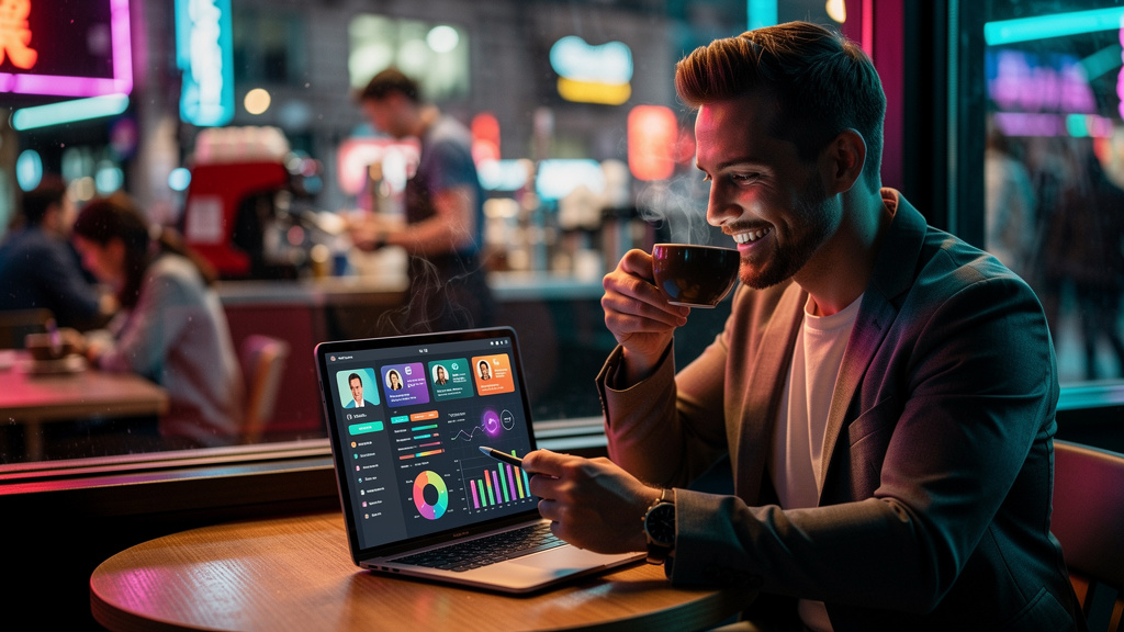CRM com IA: A Revolução no Gerenciamento de Clientes — Um vendedor moderno, vestindo roupas casuais e utilizando um tablet em um café movimentado. O tablet exibe uma interface de CRM com notificações