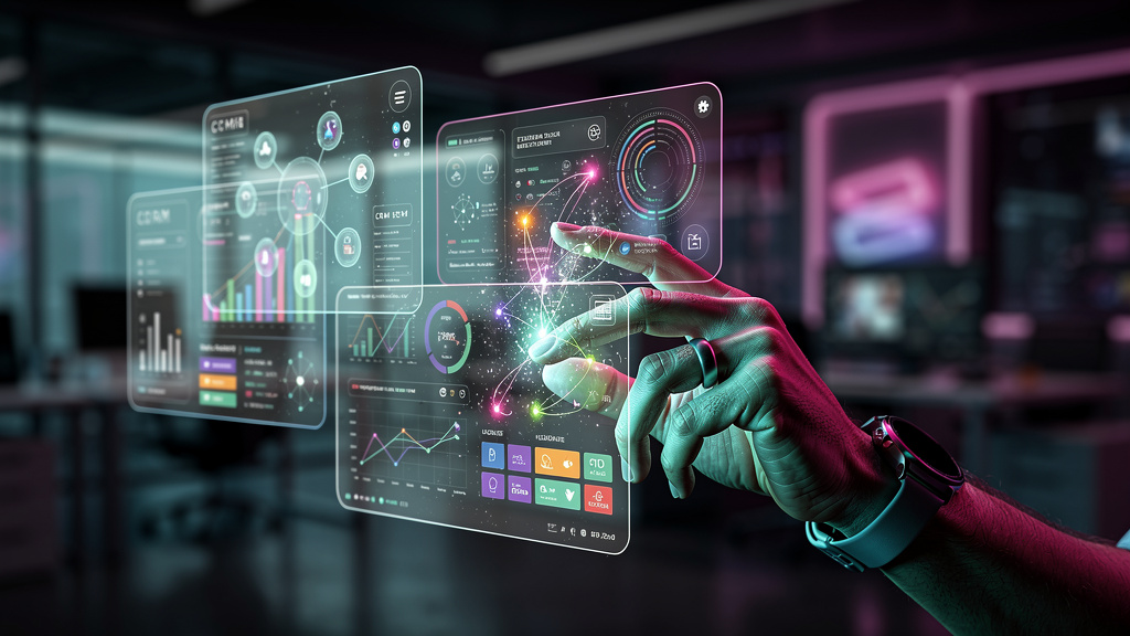 CRM com IA: O Futuro da Gestão de Clientes — Um close-up estilizado de uma mão interagindo com uma interface holográfica de CRM. A interface exibe dados de clientes em tempo real, com insights acionáv