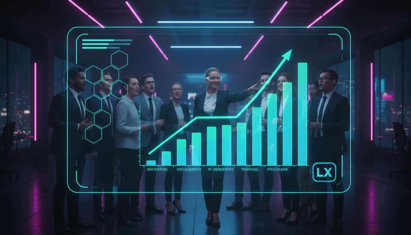 Cupons de Desconto na Educação Corporativa: O Guia Completo — Ilustração digital de um grupo diverso de colaboradores reunidos em torno de uma tela grande que exibe um gráfico de barras ascendente, re