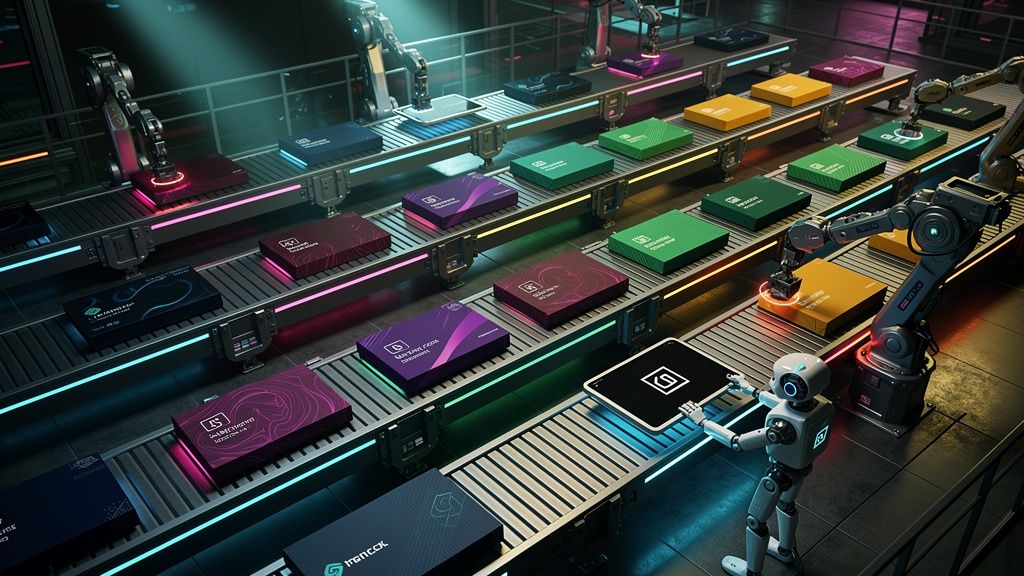 Cursos White Label: Guia Completo para sua Plataforma de Aprendizagem — Ilustração isométrica de uma fábrica moderna com várias esteiras rolantes. Em cada esteira, um curso diferente sendo 'embalado'