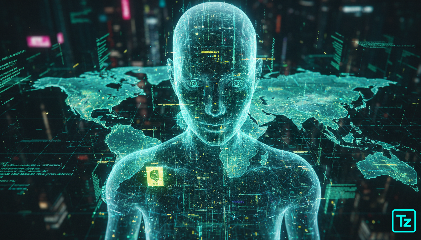 Cybersegurança Aprimorada com Agentes de IA: Uma Nova Abordagem — Um agente de IA estilizado, visualizado como uma entidade digital translúcida, sobrepondo-se a um mapa de rede complexo. O agente está