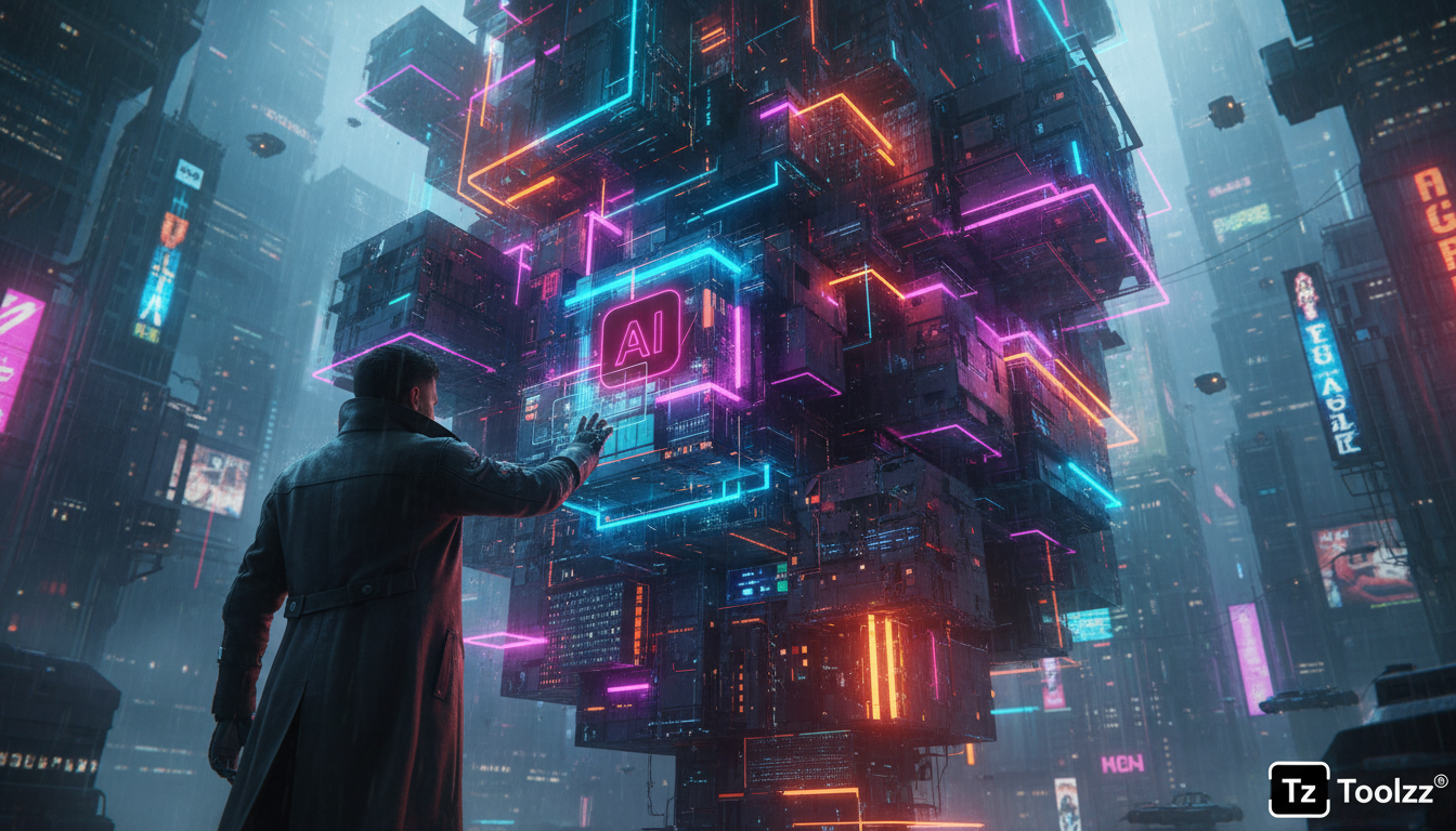 Da Assistência à Autonomia: A Evolução da IA na Codificação — Uma representação visual da arquitetura Transformer, mostrando blocos interconectados processando dados. Inclua uma pequena logo da Toolzz