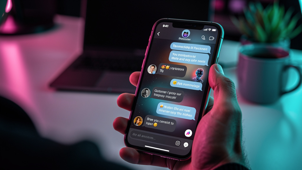 Da teoria à prática: implementando automação Instagram em 2026 — Close-up de um smartphone mostrando uma conversa no Instagram DM. Um lado da conversa é um usuário humano fazendo uma pergunta sobre um