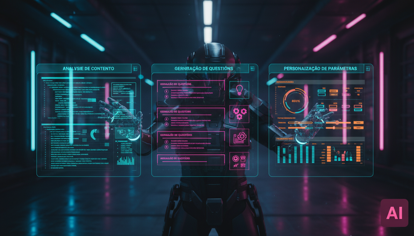 Da teoria à prática: implementando Geração de Provas com IA em 2026 — Ilustração de um painel de controle LMS/LXP mostrando a criação automatizada de provas com IA. Visualização em blocos, destacando 