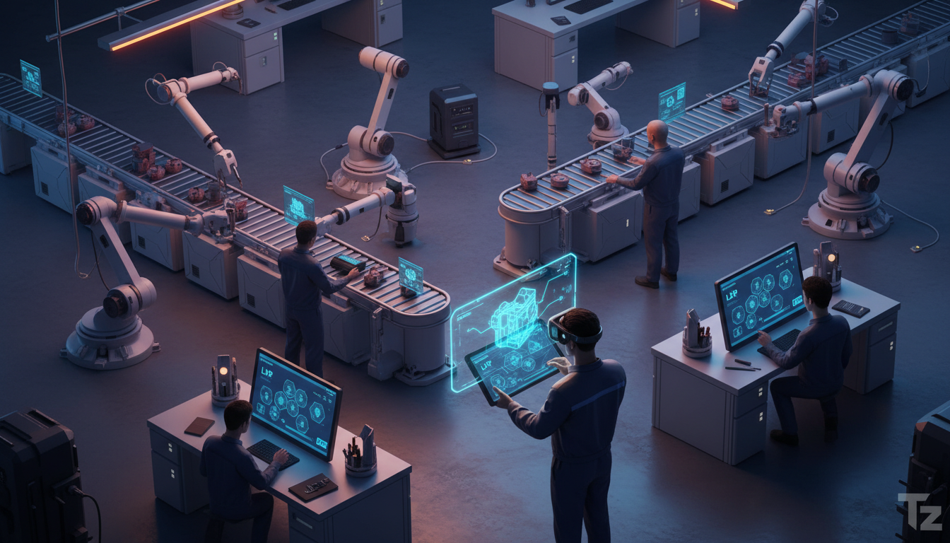 Da teoria à prática: implementando Trilhas de Aprendizado em 2026 — Ilustração isométrica de uma fábrica moderna e automatizada. Em diferentes estações, funcionários utilizam tablets com a interface d