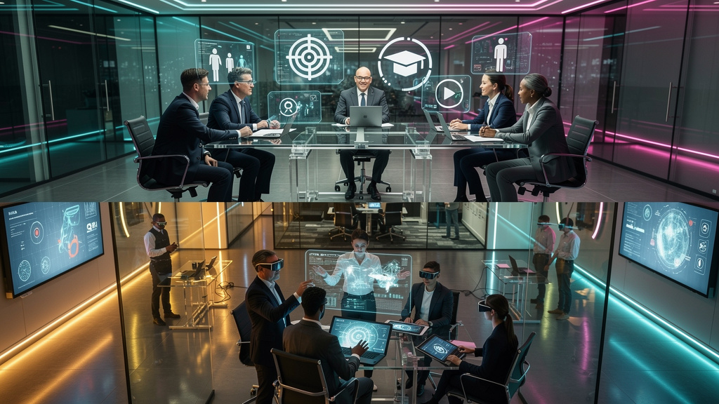 Da teoria à prática: implementando universidades corporativas em 2026 — Um diagrama infográfico dividido em duas partes (superior e inferior para formato carrossel no Instagram). Parte superior: 'Univ