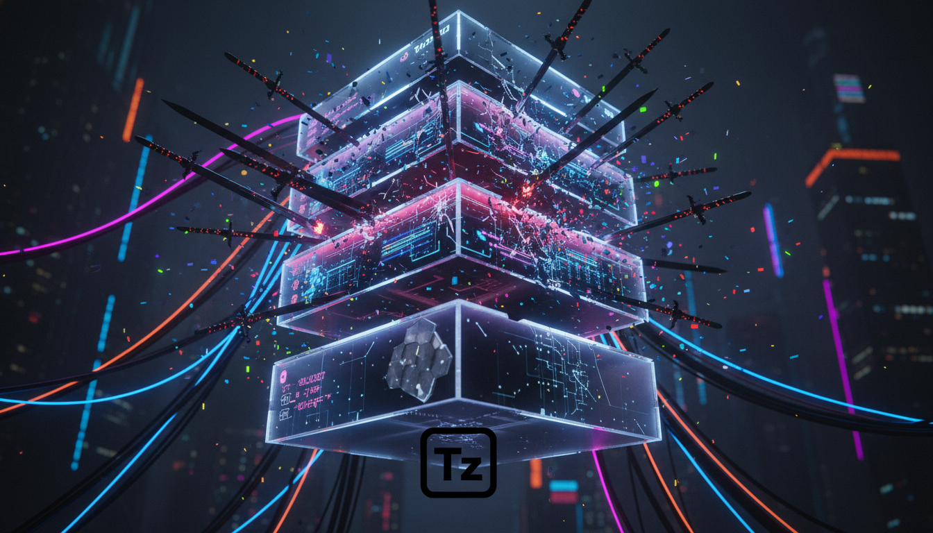 DarkSword: A Nova Ameaça à Segurança iOS e Como se Proteger — Uma representação visual da arquitetura do iOS, com camadas sobrepostas que se desfazem como se estivessem sendo atacadas por pequenas esp