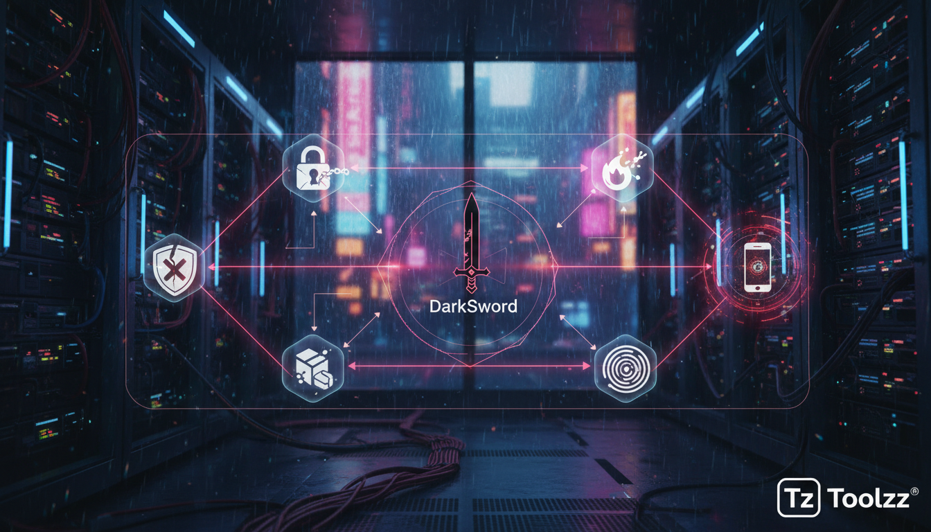 DarkSword: A Nova Ameaça iOS e Como se Proteger — Um diagrama de fluxo complexo mostrando uma cadeia de exploits (DarkSword) atacando um dispositivo iOS. Cada etapa da cadeia é visualmente representad