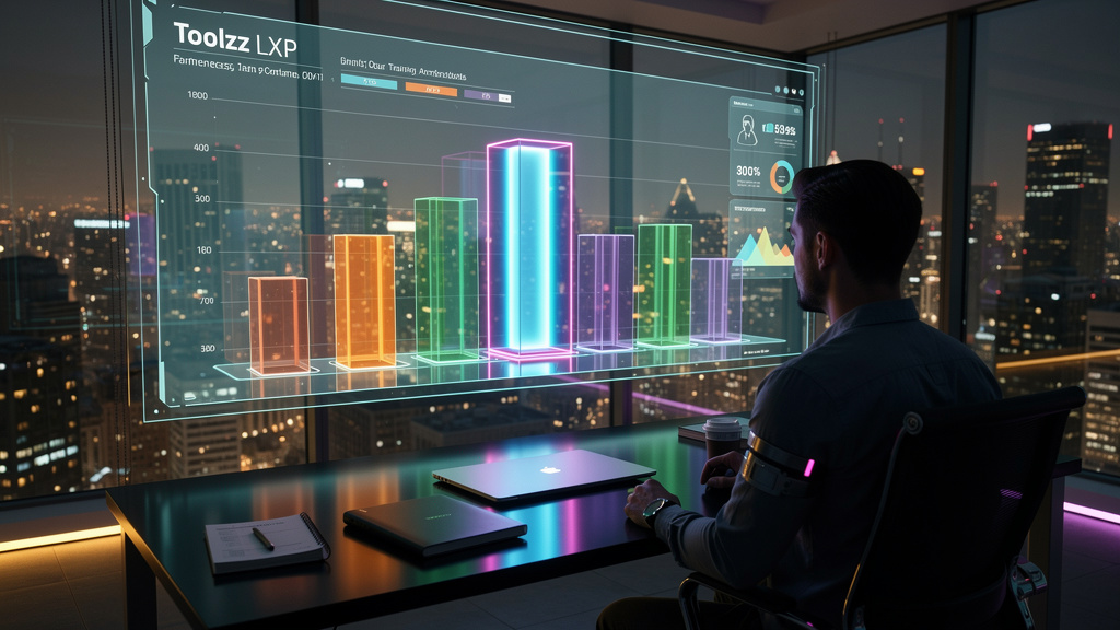 Dashboard completo para acompanhar Educação Corporativa — Um gráfico de barras mostrando o progresso dos funcionários em diferentes cursos de treinamento. As barras representam diferentes departamento