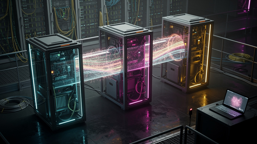 Dashboard Completo para Acompanhar Model Context Protocol — Um diagrama visual que representa a comunicação entre diferentes modelos de IA. Imagine três servidores estilizados, cada um representando u