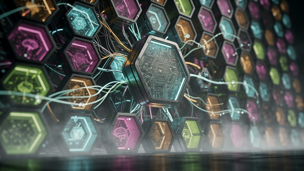 Dashboard completo para acompanhar Protocolo Agent-to-Agent em 2026 — Ilustração de uma colmeia futurista, onde cada célula representa um agente de IA. As células estão interconectadas por filamentos