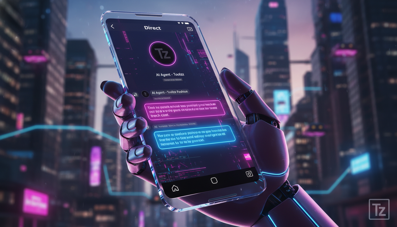 Dashboard completo para Agentes IA Social Media — Close-up de um smartphone exibindo uma conversa no Instagram Direct, onde um Agente de IA da Toolzz responde de forma rápida e personalizada a um clie