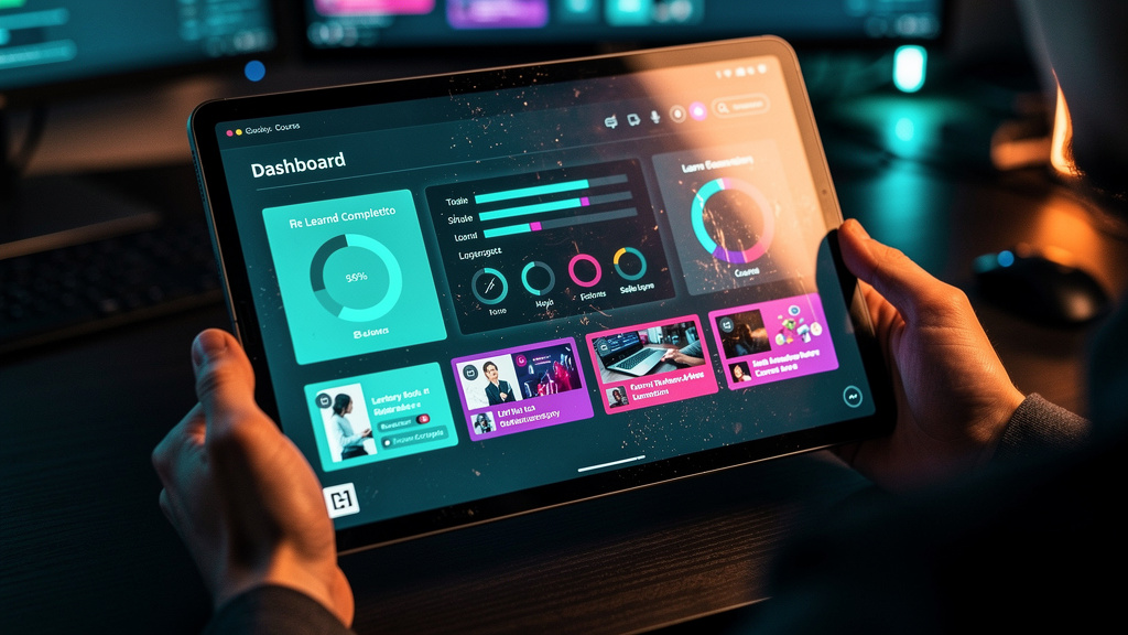 Dashboard do Aluno em LXP resolve engajamento definitivamente — Close-up de uma tela de dashboard de aluno em um tablet, mostrando uma interface limpa e organizada com gráficos de progresso, lista de 