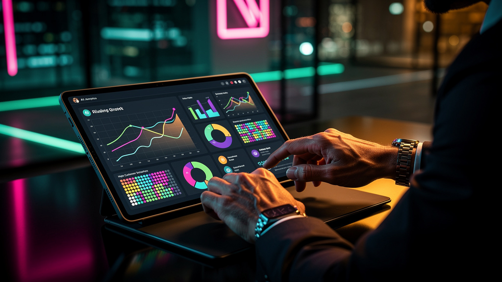 Dashboards de IA: O Guia Completo para Empresas — Um close-up das mãos de um executivo digitando em um tablet que exibe um dashboard de IA. O dashboard mostra gráficos claros e concisos, destacando o 