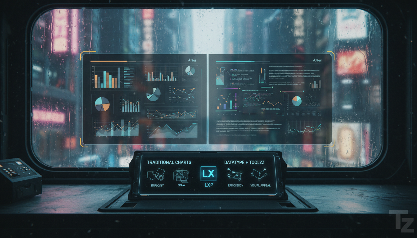 Datatype: Transforme Texto em Gráficos Inline — Infographic divided into two sections for carousel display. Top section: A split-screen showing 'Before' and 'After' scenarios. 'Before' depicts a clutt