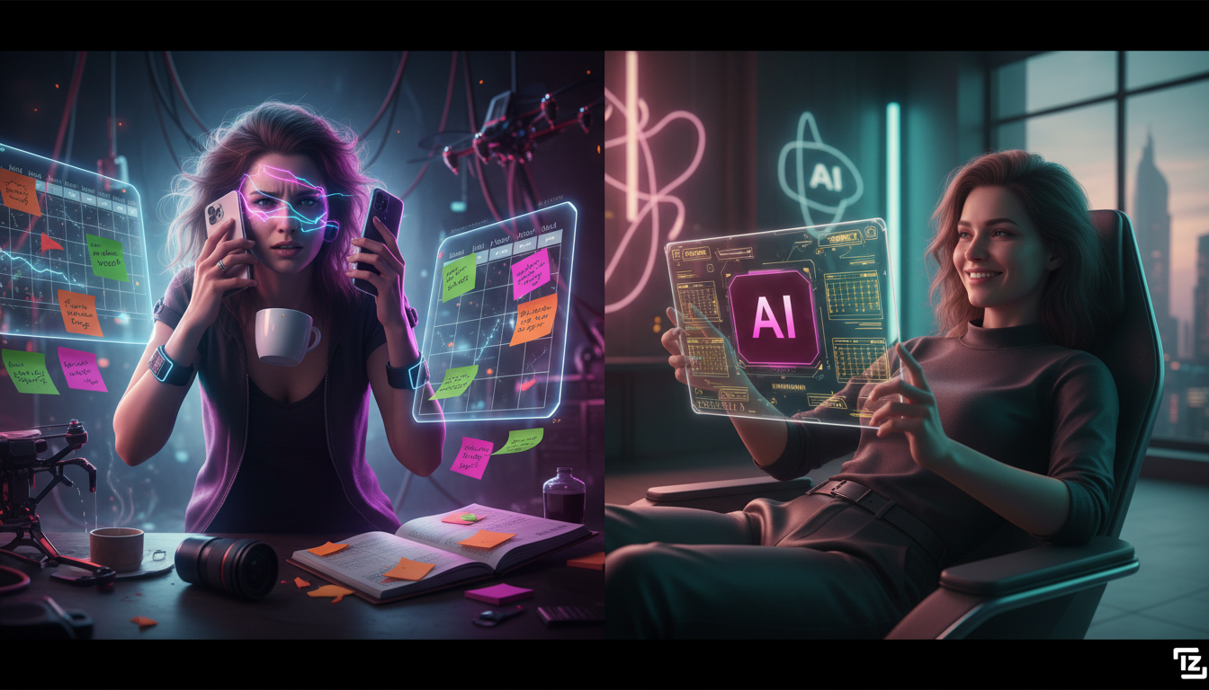 De Agendamentos Perdidos para Consultas Fechadas com IA — Split-screen illustration: On the left, a frazzled photographer juggling multiple phones, sticky notes, and appointment books. On the right, t