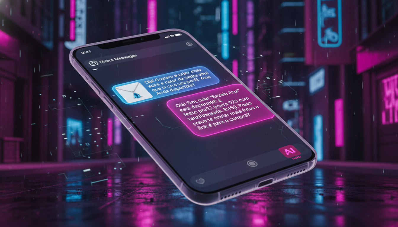 De Atendimento Lento para Engajamento com IA para Instagram — Uma tela de smartphone mostrando uma conversa no Direct do Instagram. À esquerda, a mensagem de um cliente perguntando sobre um colar de j