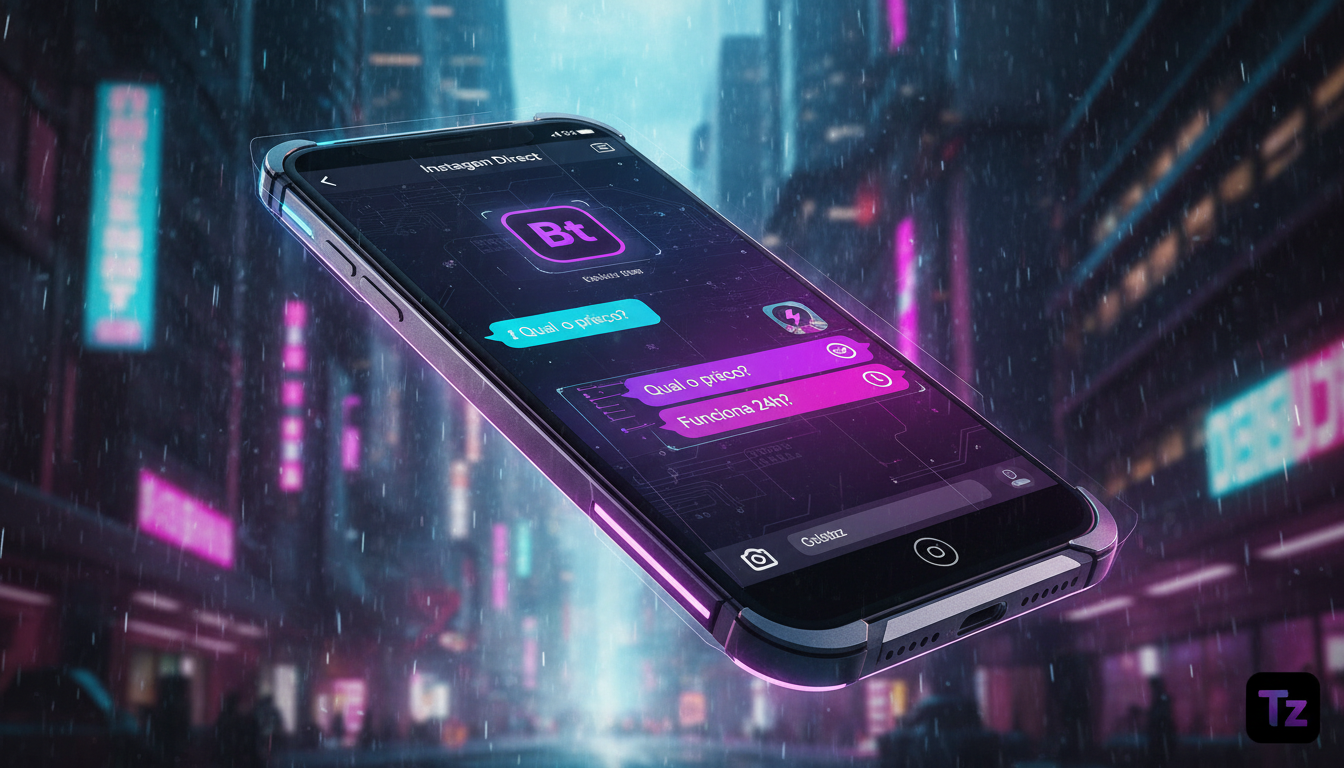 De Atendimento Lento para Escalabilidade com Chatbots Instagram — Close-up estilizado de um smartphone exibindo uma conversa em andamento no Instagram Direct. Um lado da conversa mostra um cliente faz