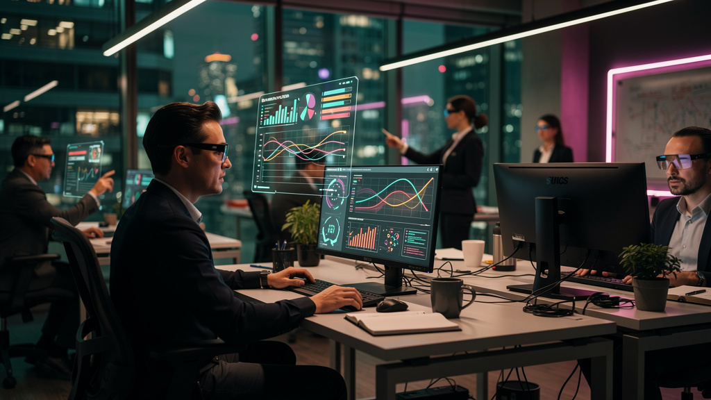 De Caos à Colaboração Estratégica com Equipes Híbridas de IA em 2026 — Um escritório movimentado em 2026, com funcionários usando óculos de realidade aumentada que sobrepõem informações e dados em tem