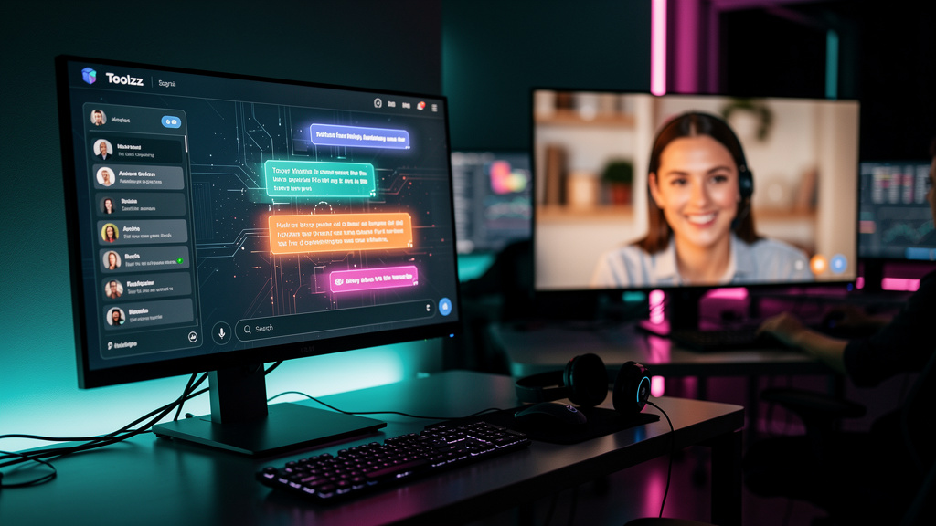 De Caos para Colaboração com Equipes Híbridas de IA — Um close-up de um chatbot da Toolzz em uma tela, respondendo a várias perguntas de clientes simultaneamente. Em segundo plano, um agente de atendi