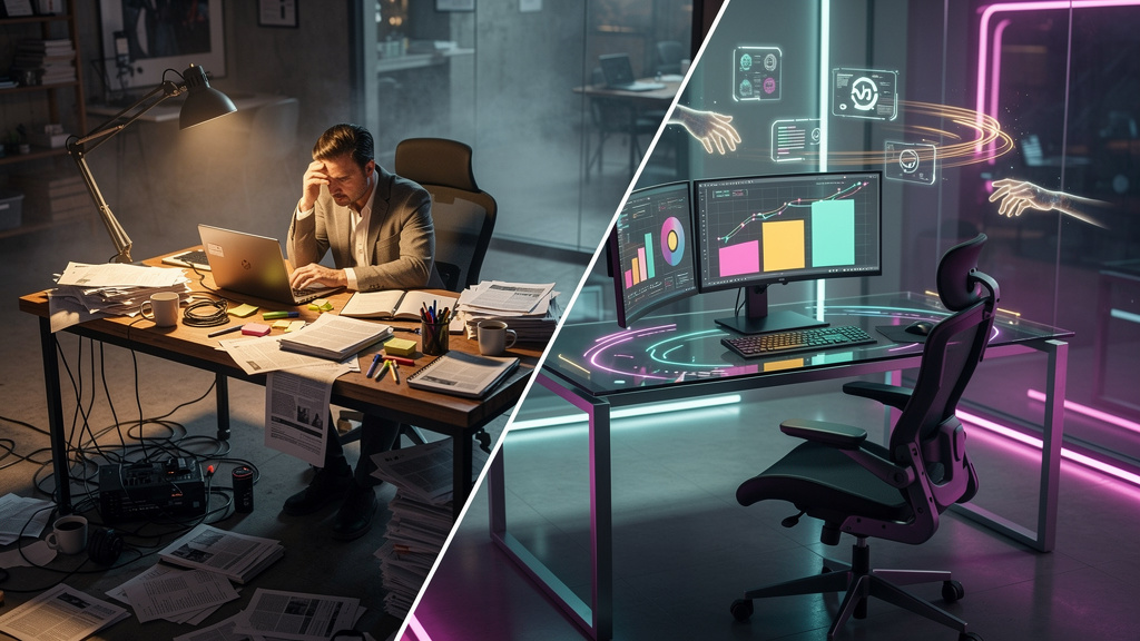 De Conteúdo Manual para Rankings no ChatGPT Search SEO com Blog IA — Um infográfico dividido em duas partes para carrossel no Instagram. Parte superior: um gráfico de barras comparando o tempo gasto n