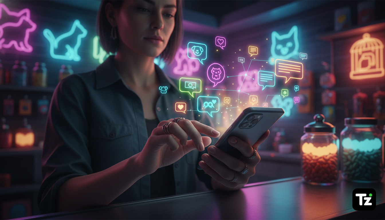 De Desorganização para Engajamento com Automação Instagram — Um close-up das mãos de um dono de pet shop usando um smartphone para responder rapidamente a mensagens no Instagram. Balões de bate-papo e