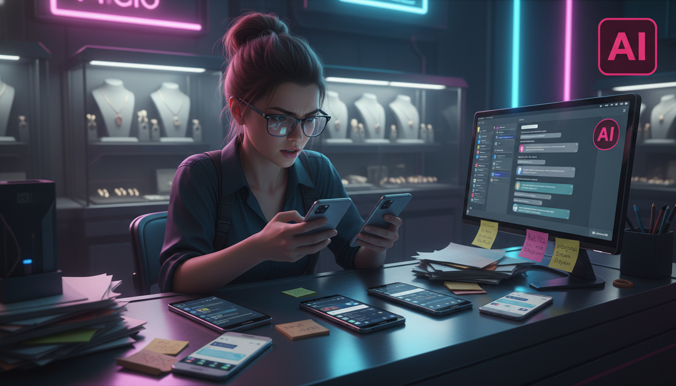 De DMs Perdidos para Clientes Engajados com IA — Um balcão de atendimento de uma joalheria elegante, mas visivelmente caótico. Pilhas de papéis, anotações soltas e vários smartphones espalhados. Uma a