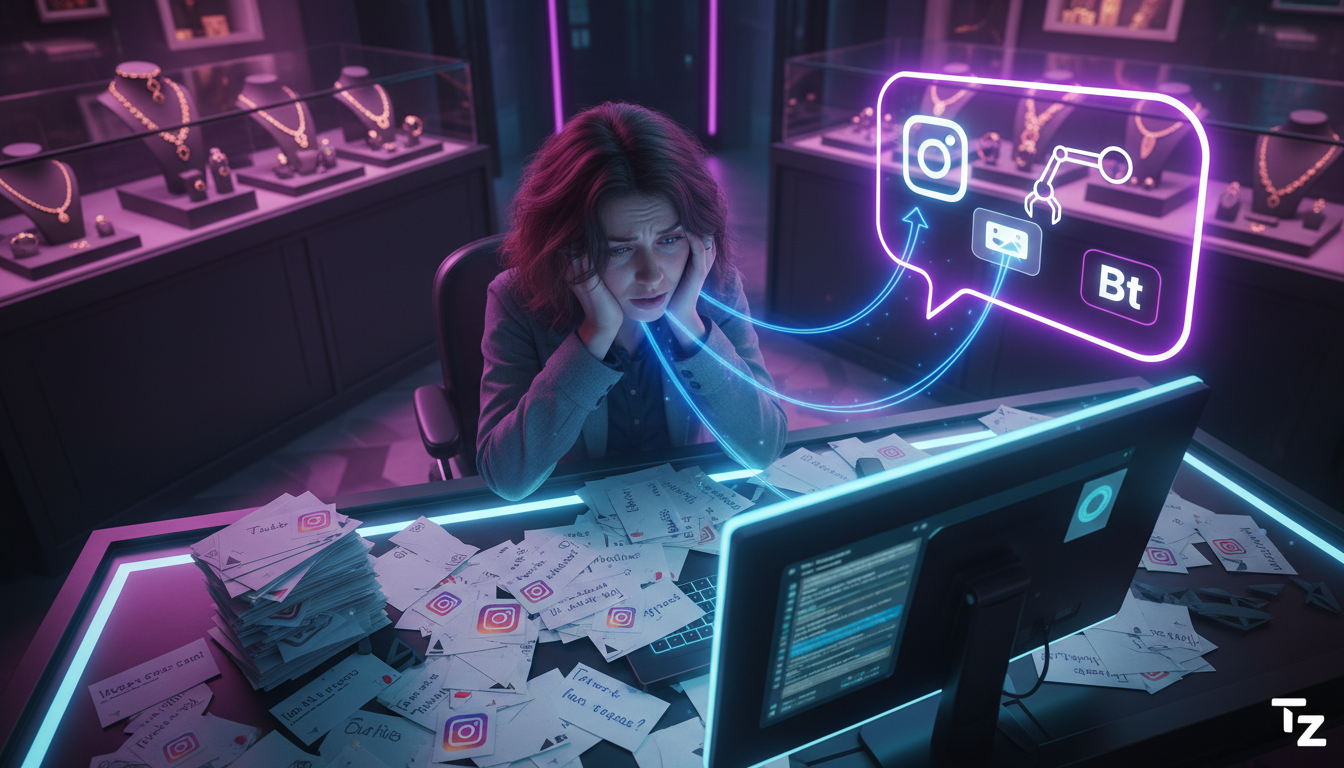 De DMs Perdidos para Leads Qualificados com Chatbot — Uma atendente de joalheria, visivelmente sobrecarregada, cercada por pilhas de papeis com mensagens do Instagram. No canto superior direito, um ba