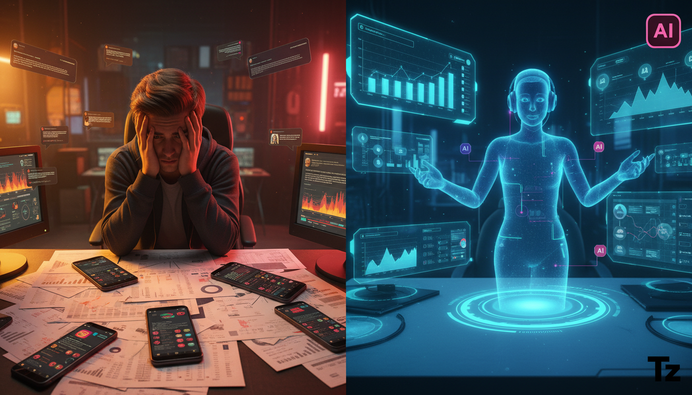 De Engajamento a Leads com IA no Instagram — Uma pessoa tentando responder manualmente a centenas de comentários no Instagram, com pilhas de papéis e planilhas ao redor, expressando frustração. Em con