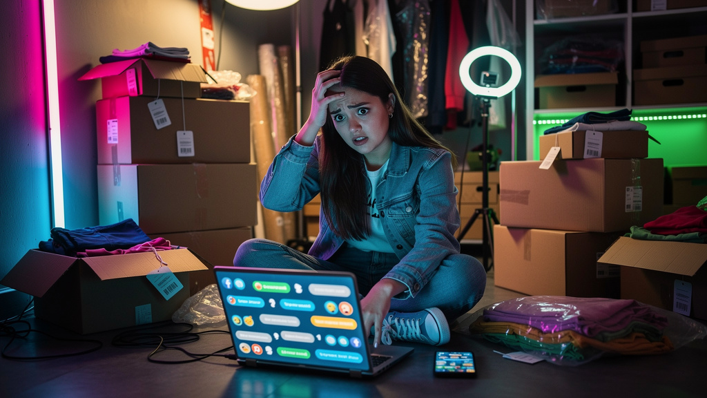 De Instagram Desorganizado para Vendas Automatizadas com IA — Uma jovem empreendedora, sentada em meio a pilhas de caixas de produtos de sua loja de roupas online, com olhar preocupado enquanto tenta 