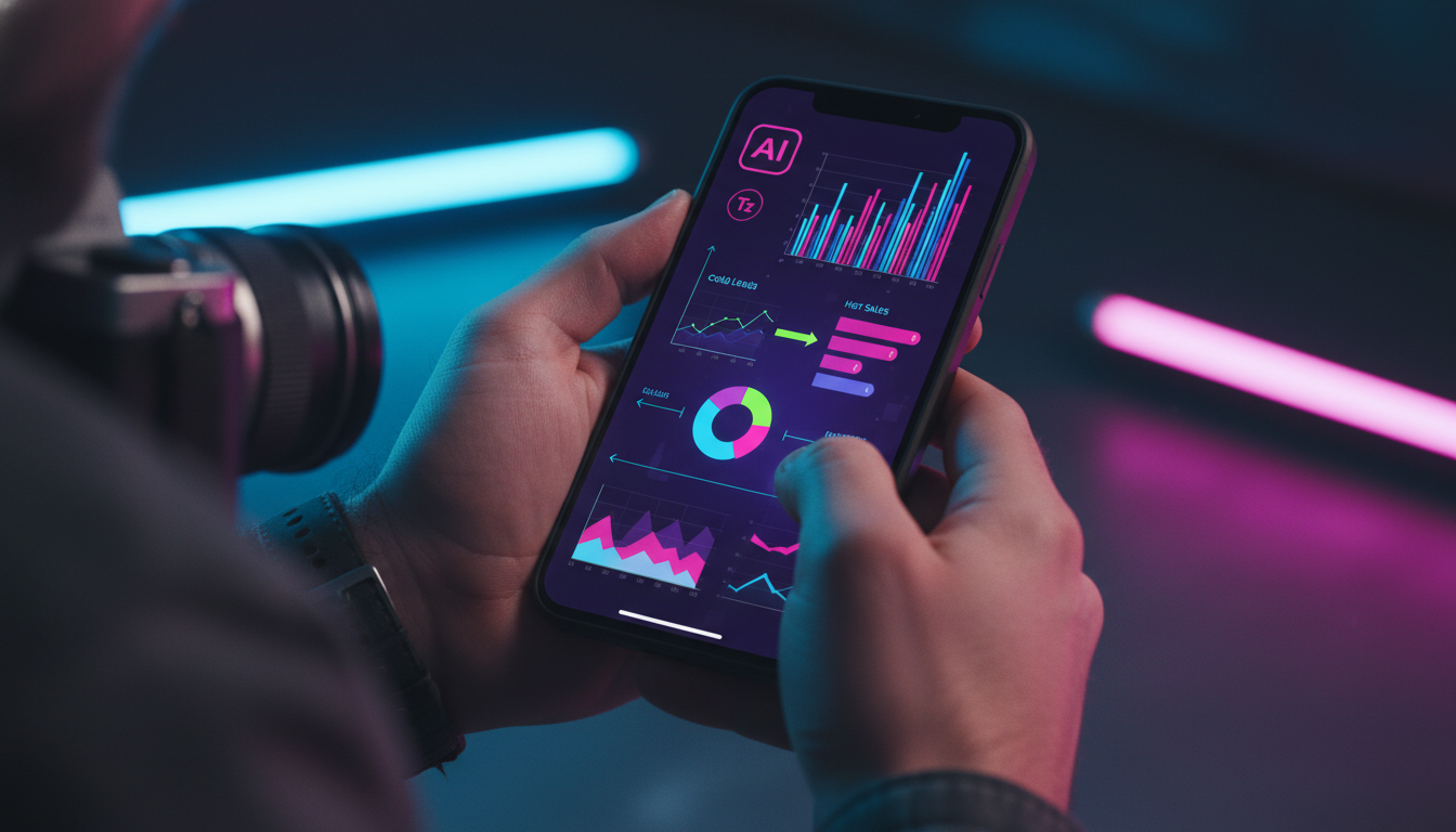 De Leads Frios para Vendas Quentes com IA no Instagram — Um close-up das mãos de um fotógrafo segurando um smartphone. Na tela do smartphone, um aplicativo da Toolzz exibe um dashboard com métricas de