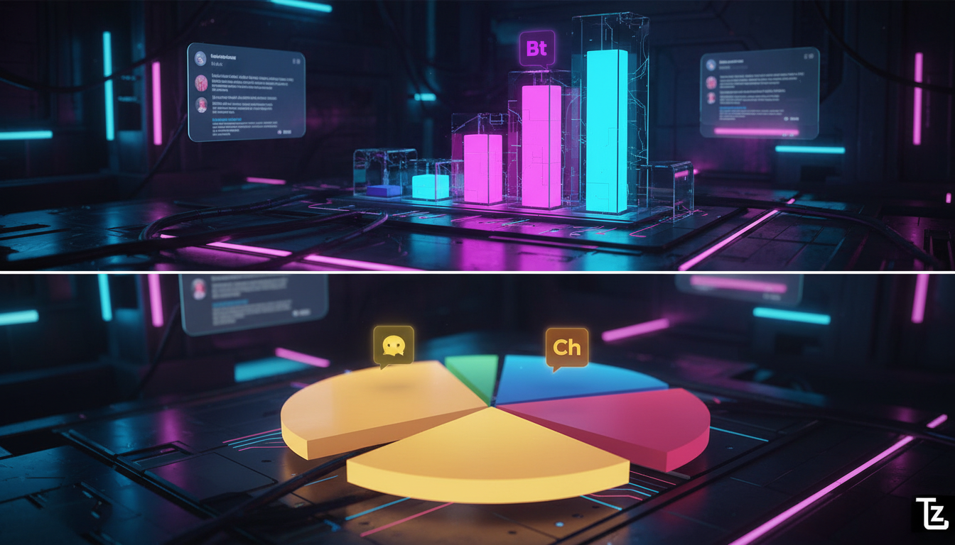 Debugging: otimizando performance de Chatbots Instagram — Um infográfico dividido horizontalmente. Parte superior: Gráfico de barras comparando a taxa de resposta de chatbots de diferentes empresas (i