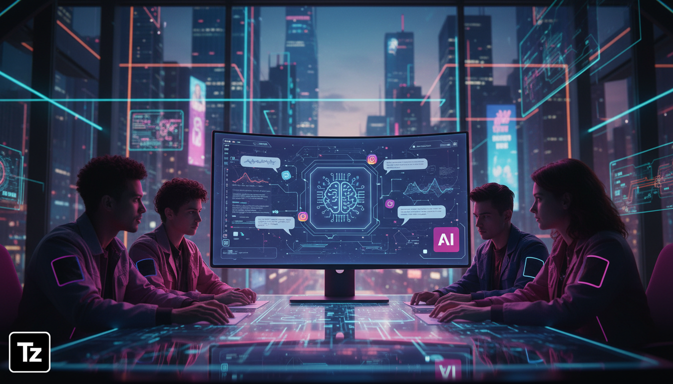 Debugging: otimizando performance de IA para Instagram Business — Um escritório moderno e iluminado, com uma equipe diversificada colaborando em torno de uma mesa. Em um monitor grande, uma visualizaç
