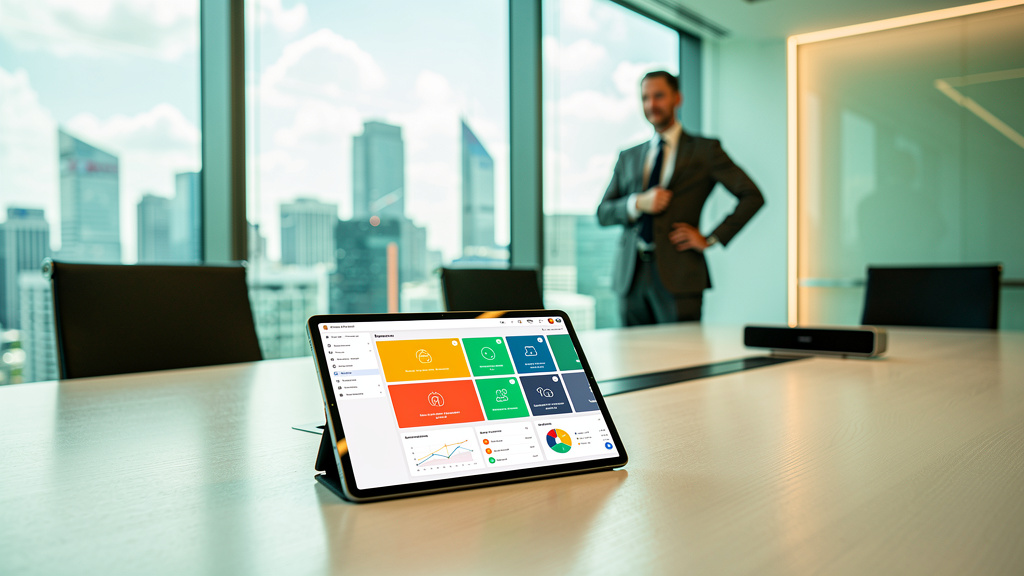 Debugging: Otimizando Performance de LXP em 2026 — Uma sala de reunião moderna e minimalista, com grandes janelas que oferecem uma vista panorâmica da cidade. Em primeiro plano, um tablet exibe a inte
