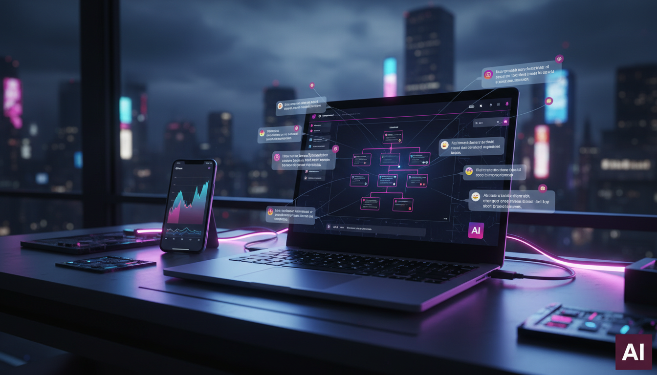 Debugging: Otimizando Performance de Vendas no Instagram com IA — Visão aérea de uma mesa de escritório moderna, com um laptop aberto exibindo a interface da Toolzz. Várias notificações de mensagens d