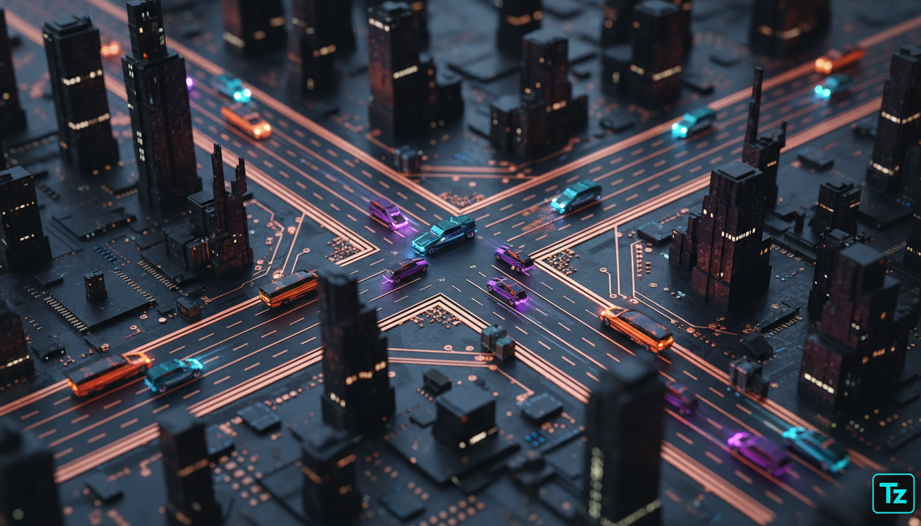 Demand Paging para LLMs: Otimizando o Contexto e Reduzindo Custos — Um close-up detalhado de um chip de computador, com trilhas que se assemelham a ruas movimentadas de uma cidade. Pequenos carros (da