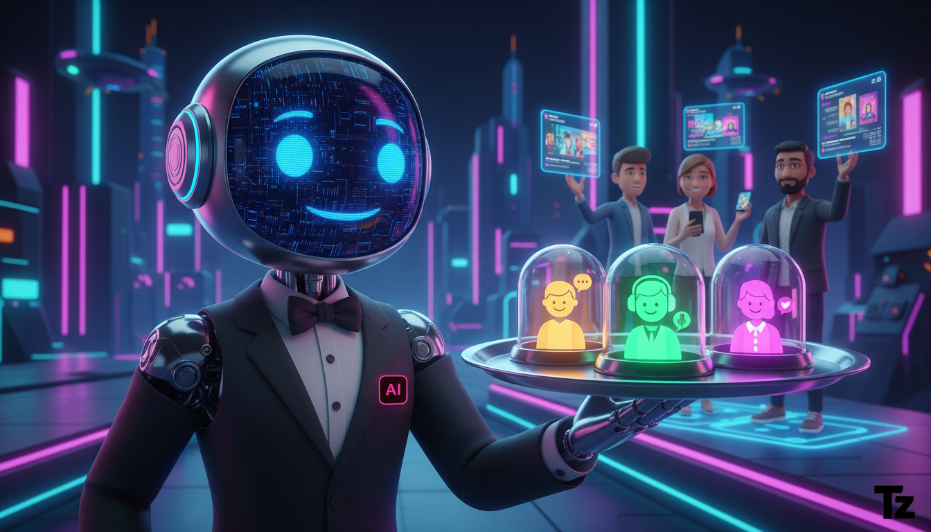 Demo Toolzz: 7 Estratégias para Vender no Instagram com IA em 2026 — Um chatbot da Toolzz, estilizado como um mordomo virtual amigável, servindo diferentes tipos de leads (representados como pessoas c