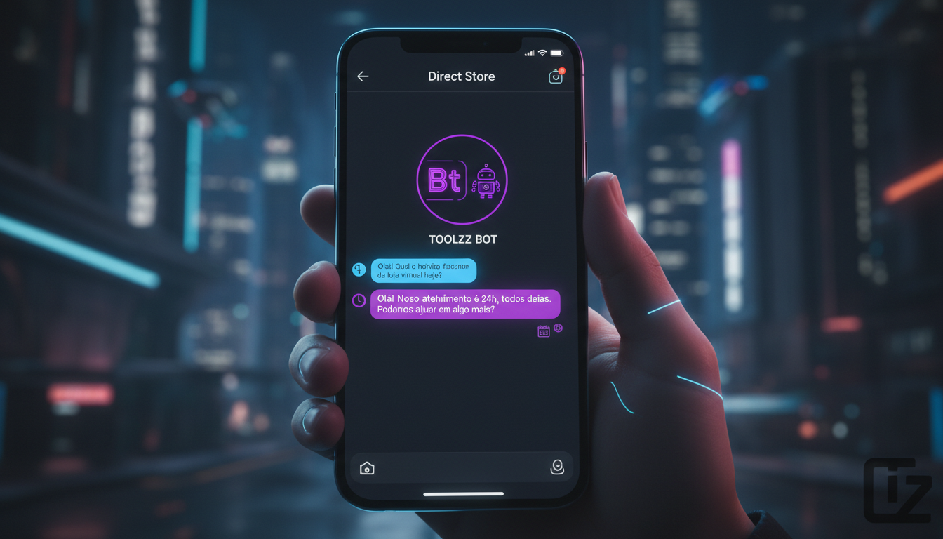 Demo Toolzz: 7 Formas de Escalar o Atendimento no Instagram em 2026 — Um close-up de um smartphone mostrando uma conversa no Instagram Direct. Um chatbot da Toolzz, com o logo visível no avatar, respo