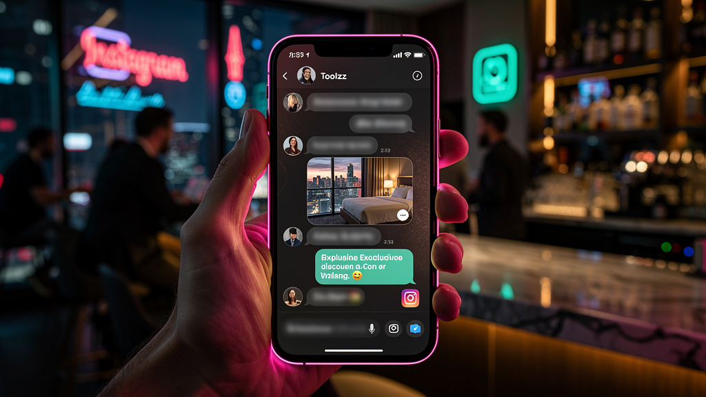 Demo Toolzz: 7 Tendências de Automação no Instagram para 2026 — Um close-up de um smartphone mostrando uma conversa em andamento no Direct do Instagram. A mensagem sendo enviada é personalizada, ofere